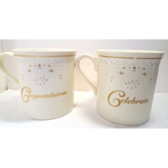Lenox Set of 2 Bone China Mugs "Congratulations" and "Celebrate" Made in USA - Picture 1 of 12